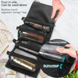 4 in 1 Foldable Toiletry Bag for Travel Detachable Makeup Pouch Cosmetic Organizer Bag for Women (Black)