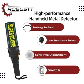 High Sensitivity Hand Held Metal Detector (Pack of 1) Leather case on Handle, with Battery Included Alarm Mode -Sound, Vibration & Led Lights for Malls, Airports, Railway Stations, Banks