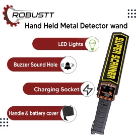 High Sensitivity Hand Held Metal Detector (Pack of 1) Leather case on Handle, with Battery Included Alarm Mode -Sound, Vibration & Led Lights for Malls, Airports, Railway Stations, Banks