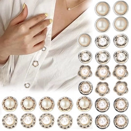 30pcs Pearl Buttons Brooch Buttons Cover Up Brooch Pins Mini Safety Shirt Buttons for Cardigan Saree Dress Hats, No Sew & Removable