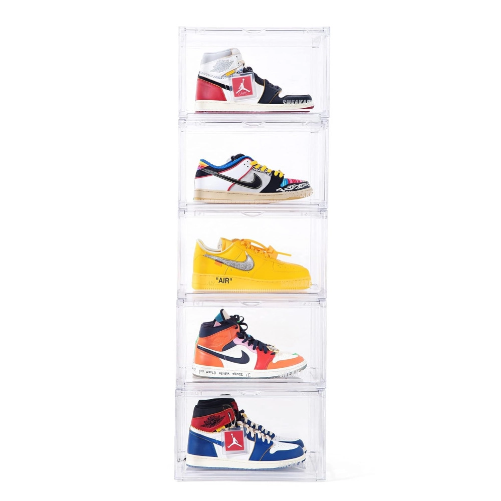 Shoe Storage Organizer, Set of 1 Transparent Heavy-Duty Sneaker Box, Stackable Storage Box with Magnetic Closure, Easy Installation Foldable Large Box, Fits Size UK14, Plastic