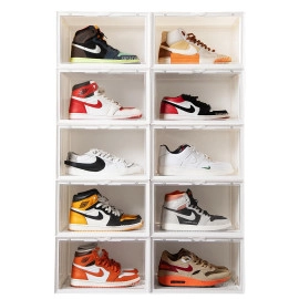 Shoe Storage Organizer, Set of 1 Transparent Heavy-Duty Sneaker Box, Stackable Storage Box with Magnetic Closure, Easy Installation Foldable Large Box, Fits Size UK14, Plastic