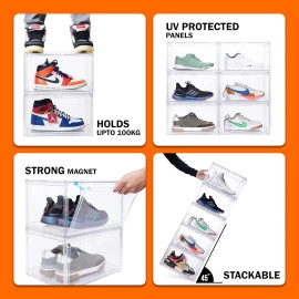 Shoe Storage Organizer, Set of 1 Transparent Heavy-Duty Sneaker Box, Stackable Storage Box with Magnetic Closure, Easy Installation Foldable Large Box, Fits Size UK14, Plastic