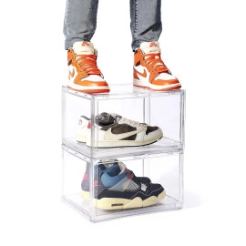 Shoe Storage Organizer, Set of 1 Transparent Heavy-Duty Sneaker Box, Stackable Storage Box with Magnetic Closure, Easy Installation Foldable Large Box, Fits Size UK14, Plastic