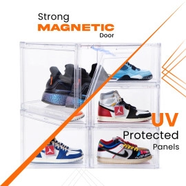 Shoe Storage Organizer, Set of 1 Transparent Heavy-Duty Sneaker Box, Stackable Storage Box with Magnetic Closure, Easy Installation Foldable Large Box, Fits Size UK14, Plastic