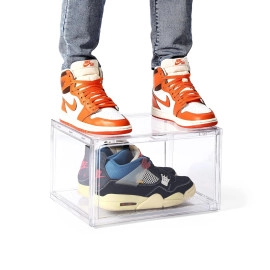 Shoe Storage Organizer, Set of 1 Transparent Heavy-Duty Sneaker Box, Stackable Storage Box with Magnetic Closure, Easy Installation Foldable Large Box, Fits Size UK14, Plastic