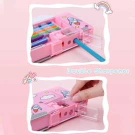 Double Sided Pencil Box for Girls Unicorn Design Magnetic Pencil Box Multiple Compartment for Kids Birthday Gift School