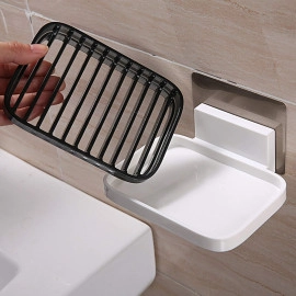 ABS Plastic Soap Stand Holder for Bathroom Kitchen Sink Wall Single Layer with Magic Stickers (Double Layer Soap Dish)