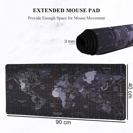 Large Extended XXL Gaming Mouse Pad with Non-Slip Rubber Base, Stitched Embroidery Edge Mouse Mat for Laptop, Computer and Desk -90 x 40 x 0.3 CM - World Map