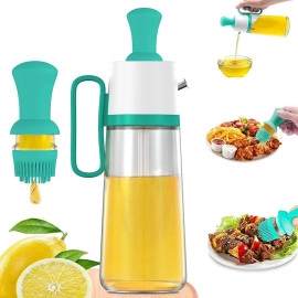 2 in 1 olive oil bottle glass seasoning container oil/honey/vinegar dispenser bottle for kitchen cooking, frying, baking, bbq pancake, air fryer, marinating (630 ml, multi color)