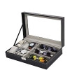 Watch Box for Men, 6 Slot Watch Display Case, Watch Organizer Box Watch Case Box, 6 Watch and 3 Sunglasses Box and Watch Storage Case (Black- W75B)