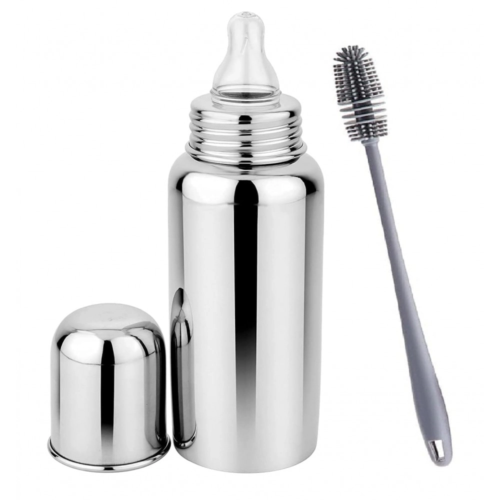 Stainless Steel Baby Feeding Bottle 250ml Baby Milk N Water Feeding Bottle with FREE Silicone Bottle Cleaning Brush Soft Silicone Teat Leak Proof Feeder for 0-2 Years Babies