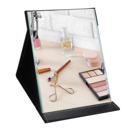 Portable Folding Makeup Glass Mirror With Pu Leather For Office Desk, Vanity, Table, Travel (Black-Pack Of 1, Rectangular, Tabletop Mounting, Unframed)