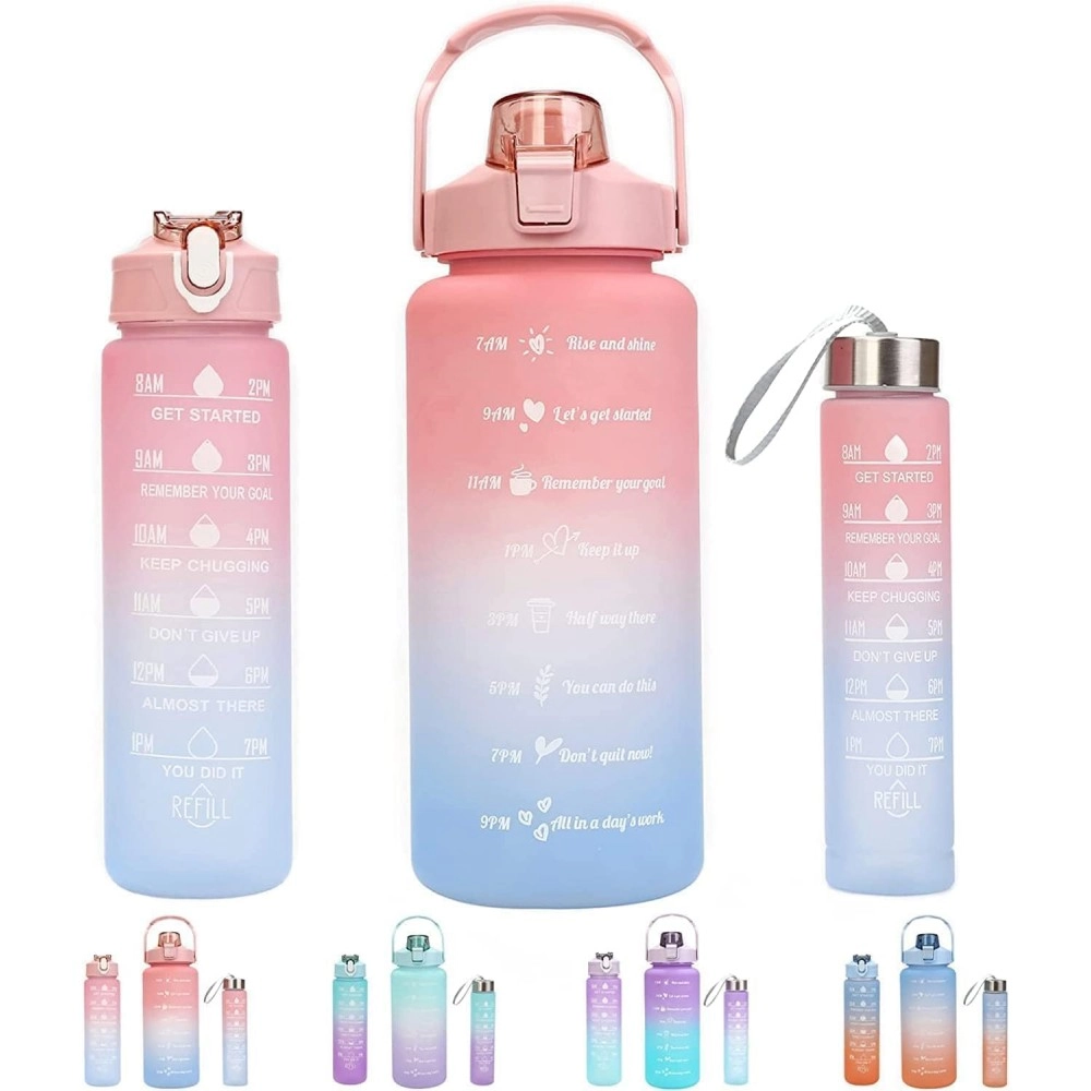 Set of 3 Water Bottle 2000ML, 900ML, 300ML with Motivational Time Marker, Leakproof Durable Sipper Water bottle for office, School, gym (Random Color Set of 3), Plastic, Multicolour