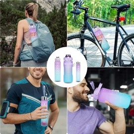 Set of 3 Water Bottle 2000ML, 900ML, 300ML with Motivational Time Marker, Leakproof Durable Sipper Water bottle for office, School, gym (Random Color Set of 3), Plastic, Multicolour