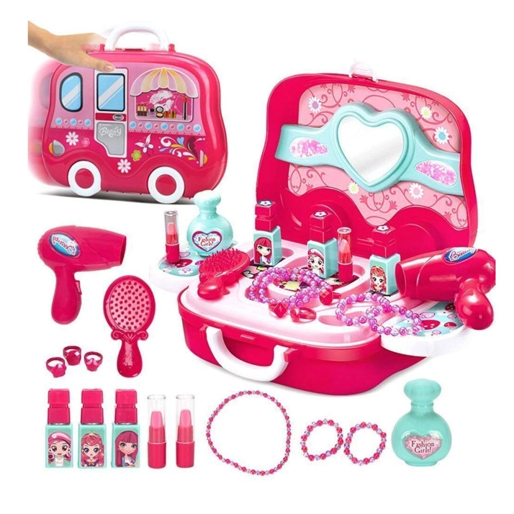 Beauty Makeup Pretend Play Toy Set for Girl with Makeup Accessories and Carry Suitcase,Plastic,Multi color