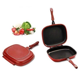 Happy Call Nonstick Double Sided Multi Purpose Nonstick Pan, Omelette Pan, Flip Pan, Square, Dishwasher Safe, Red Strong Magnetic Handles, Silicone Gasket.