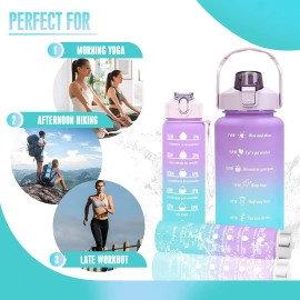 2000ml Sports Gallon Motivational Water Bottles with Time Marker Wide Mouth GYM Outdoor Water Bottle with Straw & Handle, Leak proof BPA Free Fitness Water Bottle (2 Litre Purple) Plastic