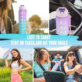 2000ml Sports Gallon Motivational Water Bottles with Time Marker Wide Mouth GYM Outdoor Water Bottle with Straw & Handle, Leak proof BPA Free Fitness Water Bottle (2 Litre Purple) Plastic