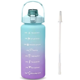 2000ml Sports Gallon Motivational Water Bottles with Time Marker Wide Mouth GYM Outdoor Water Bottle with Straw & Handle, Leak proof BPA Free Fitness Water Bottle (2 Litre Purple) Plastic