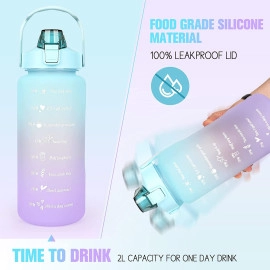 2000ml Sports Gallon Motivational Water Bottles with Time Marker Wide Mouth GYM Outdoor Water Bottle with Straw & Handle, Leak proof BPA Free Fitness Water Bottle (2 Litre Purple) Plastic