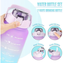 2000ml Sports Gallon Motivational Water Bottles with Time Marker Wide Mouth GYM Outdoor Water Bottle with Straw & Handle, Leak proof BPA Free Fitness Water Bottle (2 Litre Purple) Plastic