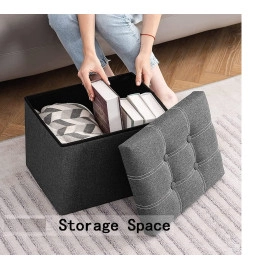 Linen Cube Shape Sitting Stool With Storage Box Living Foldable Storage Bins Multipurpose Clothes, Books And Toys Organizer With Cushion Seat Lid 30 X 30 X 30 Cm (Grey), Blue-Green