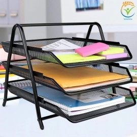 Countertop 4 Tiered Shelf Office Desktop Tray Rack, Mesh Metal Desk Organizer File Rack Letter Tray A4 Papers Documents Holder Desk Organizer For Office (Black)