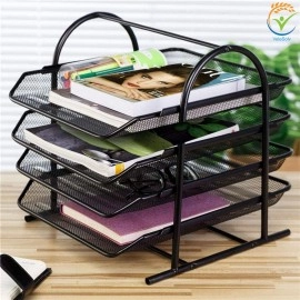 Countertop 4 Tiered Shelf Office Desktop Tray Rack, Mesh Metal Desk Organizer File Rack Letter Tray A4 Papers Documents Holder Desk Organizer For Office (Black)