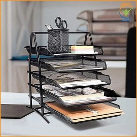 Countertop 4 Tiered Shelf Office Desktop Tray Rack, Mesh Metal Desk Organizer File Rack Letter Tray A4 Papers Documents Holder Desk Organizer For Office (Black)