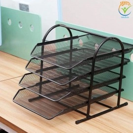 Countertop 4 Tiered Shelf Office Desktop Tray Rack, Mesh Metal Desk Organizer File Rack Letter Tray A4 Papers Documents Holder Desk Organizer For Office (Black)