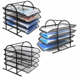 Countertop 4 Tiered Shelf Office Desktop Tray Rack, Mesh Metal Desk Organizer File Rack Letter Tray A4 Papers Documents Holder Desk Organizer For Office (Black)