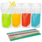 10 PCS Drink Pouches for Adults with Straws, Heavy Duty Hand-held Translucent Reclosable Plastic Smoothie Drink Pouches with 10 Straws