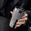 Premium Glass Sipper Fruit Juice Milk Tumbler Mug with Leather Sleeve Glass Coffee Mug with Straw and Lid Glass Tumbler for Coffee, Tea, Milk Beverages Travel Cup (450ML, Grey, 1Pcs)