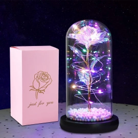 Preserved Roses Flower Gift for Women Birthday Special Birthday Gifts Colorful Artificial Rose Light Gift in A Glass Dome Gift Idea for Daughter Women Mothers Valentines (ROSE THERMOCOL GOLI)