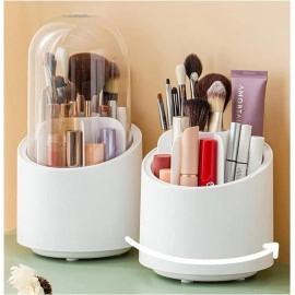 Makeup Brush Holder Organizer with Lid, 360° Rotating Multi-Functional Pen Holder for Desk, Multi-Purpose Desktop Stationary Organizer, Storage Cup for Lipsticks, Comb, Beauty Tool in Vanity