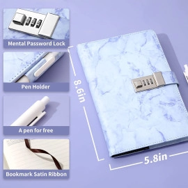 Waterproof Leather Marble Diary with Lock Refillable Secret Journal with Lock and Cute Notebooks, Password Girls Diary with Combination Lock (Sky Blue)