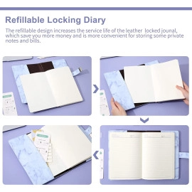 Waterproof Leather Marble Diary with Lock Refillable Secret Journal with Lock and Cute Notebooks, Password Girls Diary with Combination Lock (Sky Blue)