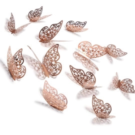 12pcs 3D Gorgeous Shiny Rose Gold Butterfly Stickers with Sticking Pads- (Rose Gold, Set of 12)