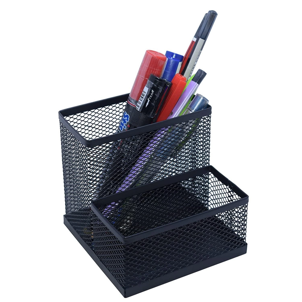 Mesh 2 Grid Holder/Pen Holder Mesh Metal Pencil Stationary Desk Organizers 2 Compartments for Desk Office, Home and Study Table Stationary Storage Stand(Black)