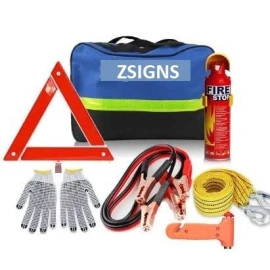 Car Emergency Kit, 7 in 1 Multifunctional Roadside Assistance Auto Safety Kit, Jumper Cables, Tow Rope, Triangle, Safety Hammer, gloves and fire extinguisher