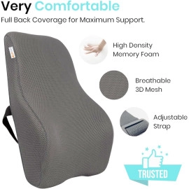 Orthopedic Back Brace Memory Foam Lumbar Support Backrest Long for Upper, Middle and Lower Back Pain Compatible with Computer, Car, Office Chair with Mesh Cover & Adjustable Strap (BLACK)