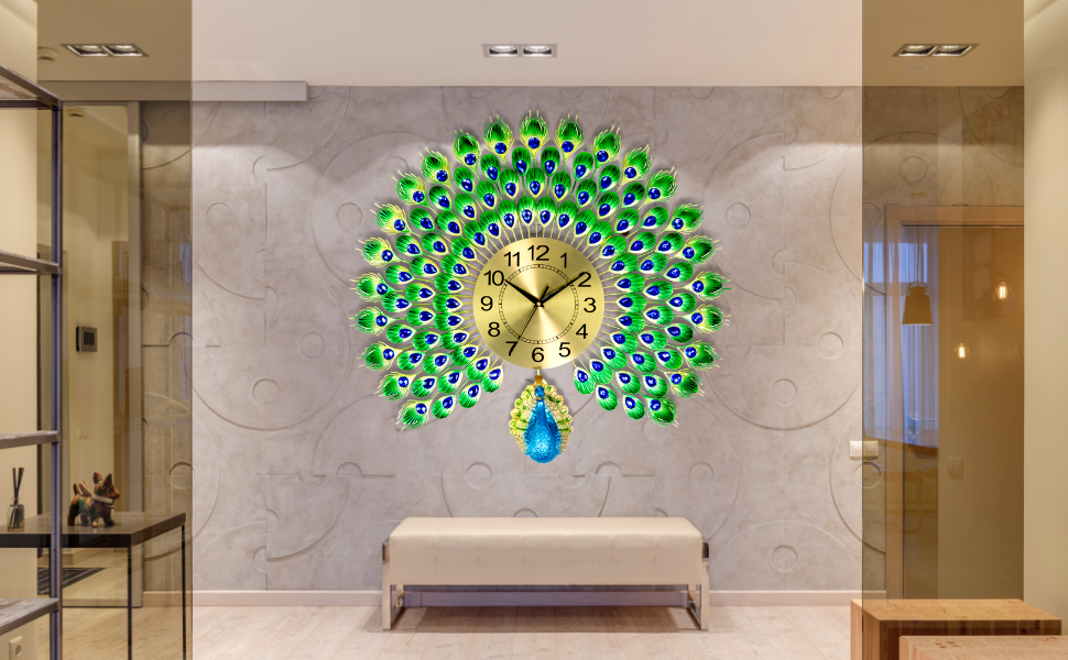 DAYANIDHI-Luxury-Metal-Peacock-Design-Wall-Clock-Non-Ticking-Decorative-Clock-Mo