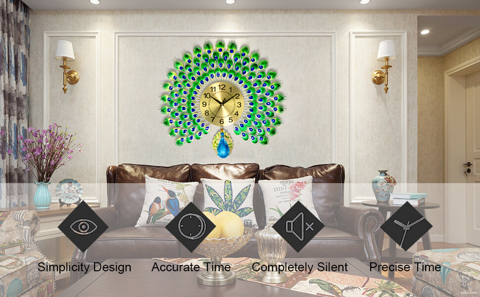 DAYANIDHI-Luxury-Metal-Peacock-Design-Wall-Clock-Non-Ticking-Decorative-Clock-Mo