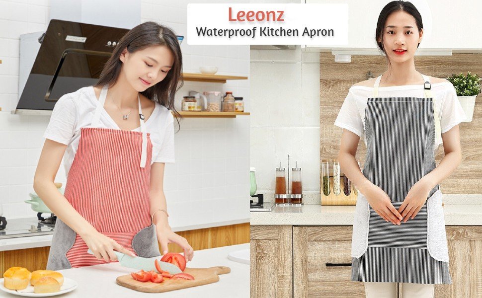 LeeonzCookingApronAdjustableWaterproofChefApronwithPocketand2SideCoralVelvetTowe