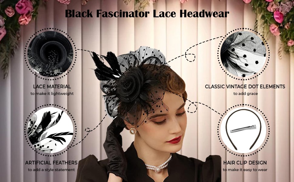 PALAY-Black-Fascinator-Hats-for-Women-Flower-Feathers-Headband-Hat-with-Mesh-Vei