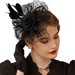 PALAY-Black-Fascinator-Hats-for-Women-Flower-Feathers-Headband-Hat-with-Mesh-Vei