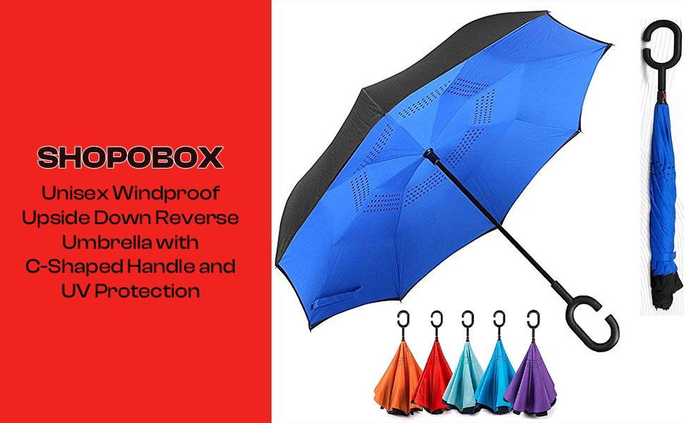 SHOPOBOXUnisexWindproofUpsideDownReverseUmbrellawithC-ShapedHandleandUVProtectio