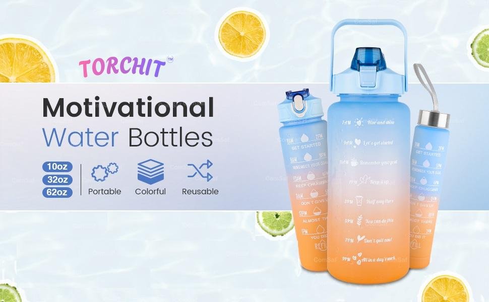 TORCHITSetof3WaterBottle2000ML900ML300MLwithMotivationalTimeMarkerLeakproofDurab