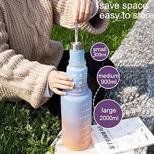 TORCHITSetof3WaterBottle2000ML900ML300MLwithMotivationalTimeMarkerLeakproofDurab